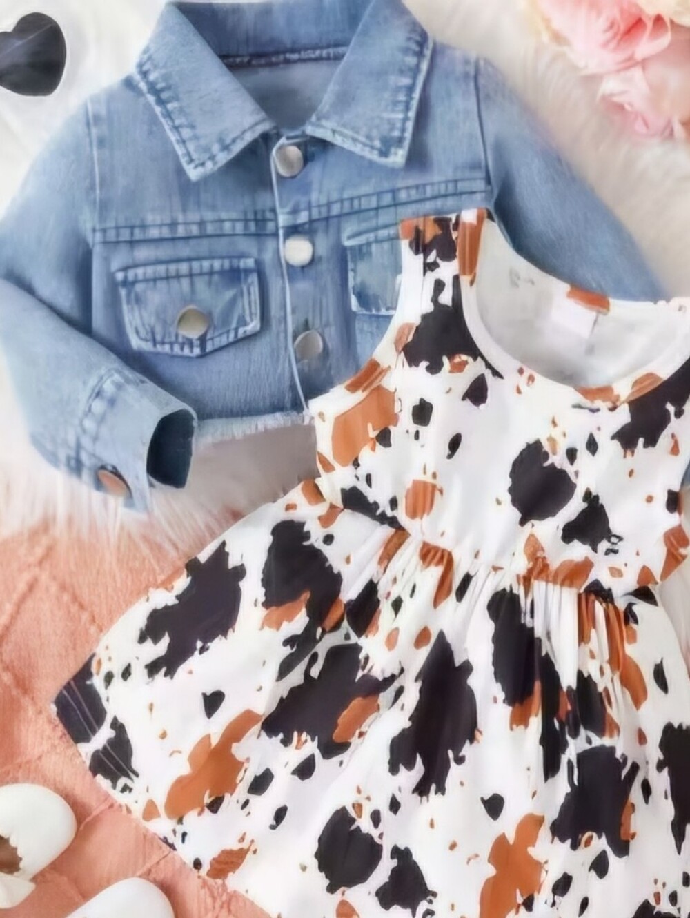 NWT White Kids Denim Jacket with Cowprint Dress